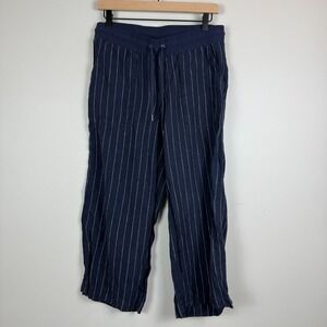 Athleta 100% Linen Pants Women 6 Navy Bali Stripe Wide Leg Drawstring Waist Crop
